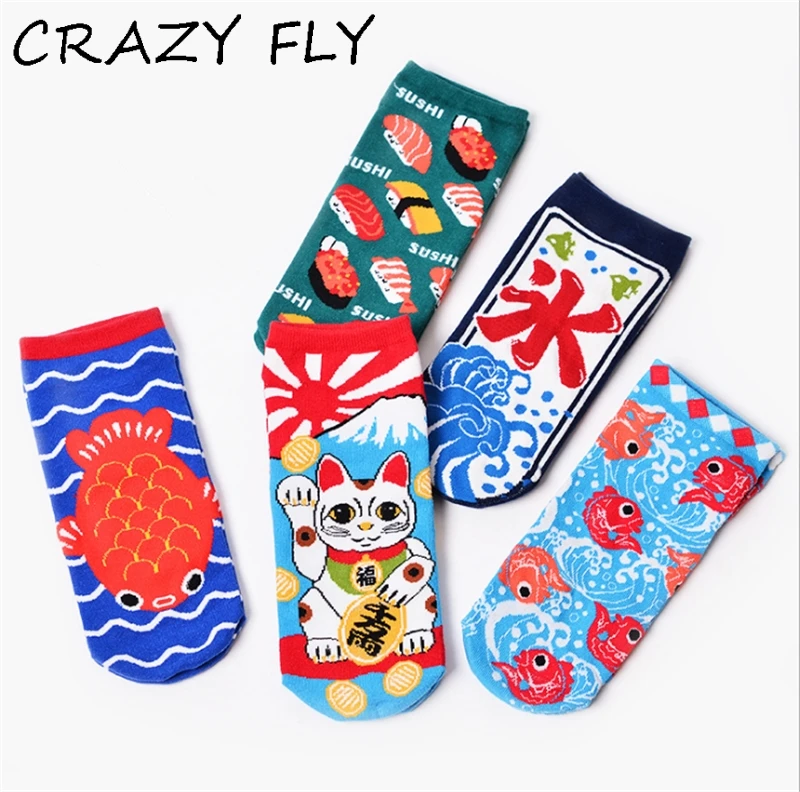 Магазин Crazy Fly Мода 2019 Разноцветные Веселые носки забавный хлопок Harajuku Новинка Короткие носки модные милые Кот мультфильм арт носки