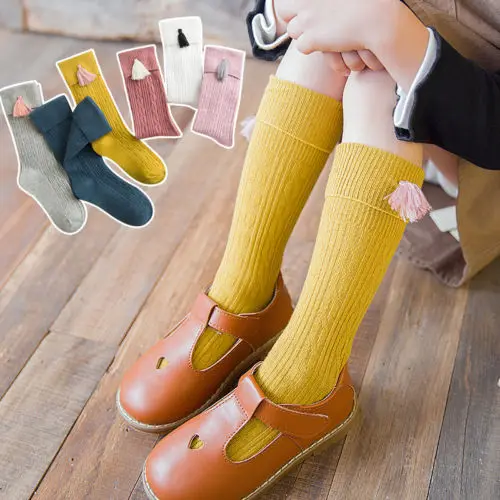 

New Spring Autumn Baby Girls Cotton Knee High Socks Solid Candy Color Kids Toddler Short Socks For Children With Tassels 1-8Y