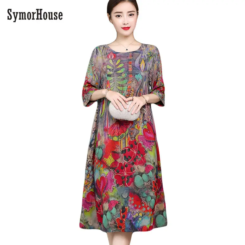 

2019 Elegant Temperament Printing Women Dress New Summer High End Half Sleeve Classic Round Collar Silk Loose Thin Lady Dresses