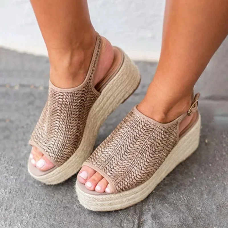 Women Hemp Sandals Sewing Female Beach Shoes Wedge Heels Peep Toe Platform Shoes Hasp Sandals