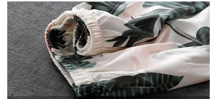 Queenral 2 PCS Silk Satin Women Pajama Set Sleepwear Long Sleeve Trousers Lingerie Homewear Pijamas For Woman Home Suit Printing2