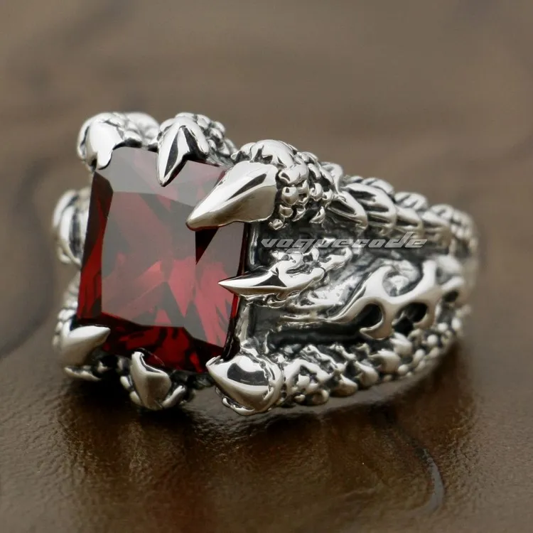 Huge Red Dragon Claw 925 Sterling Silver Mens Biker Rocker Ring 8T002