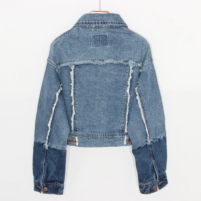 Vintage Femmes Taille Vestes Bleu Patchwork Large Demin Jeans High Manteaux Street Outerwears Courtes Coton fUqxwqTz