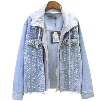

2019 spring autumn new fashion heavy work beaded denim jacket women fake two pieces loose hooded jeans coat