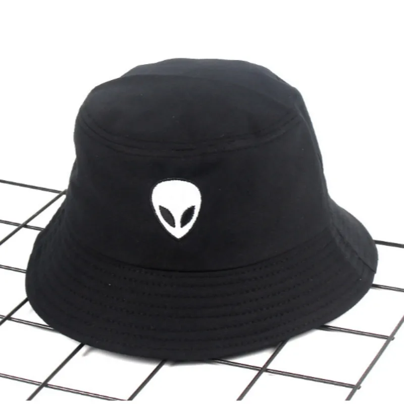 Cartoon Embroidery Alien Bucket Hat Hip Hop Casual Cotton Fishing Hat Cap Spring Summer Outdoor Beach Sun Panama White Black