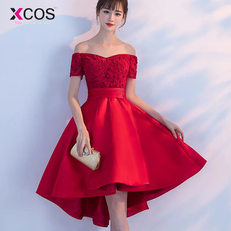 

Cheap Short Homecoming Dress 2018 Red Lace And Satin Off The Shoulder High Low Formal Prom Party Gowns