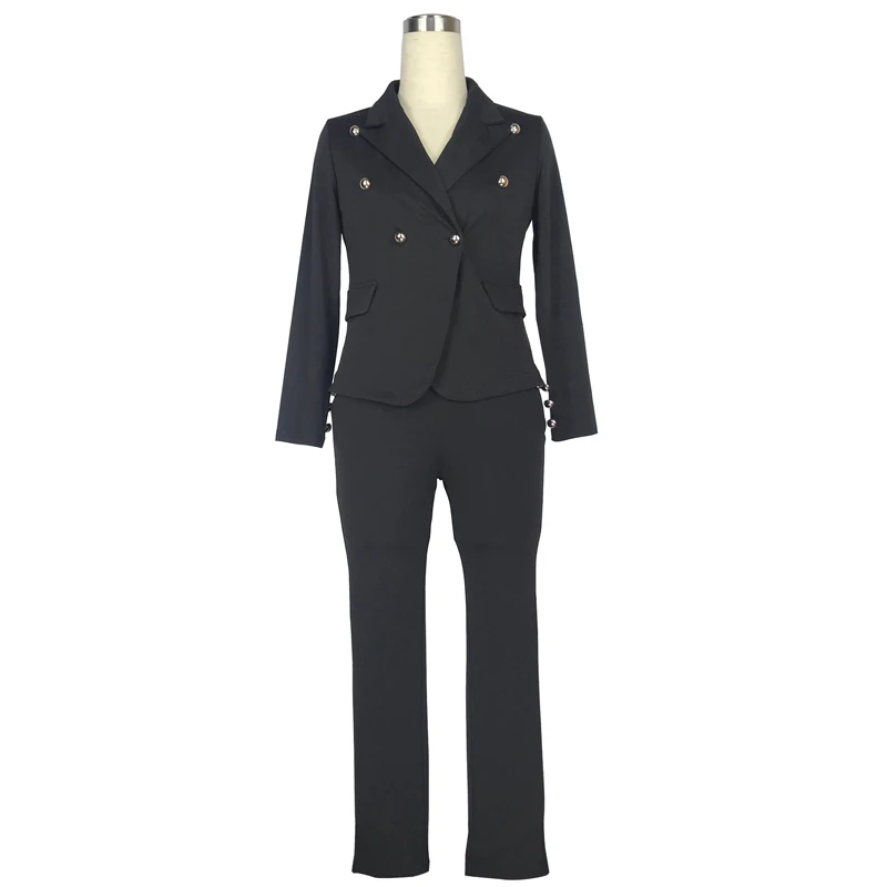 Элегантный костюм размера плюс для офисной леди из 2 частей с длинными штанами и пиджаком, повседневный комплект из 2 предметов, сексуальный черно-белый брючный комплект с v-образным вырезом - Цвет: Black