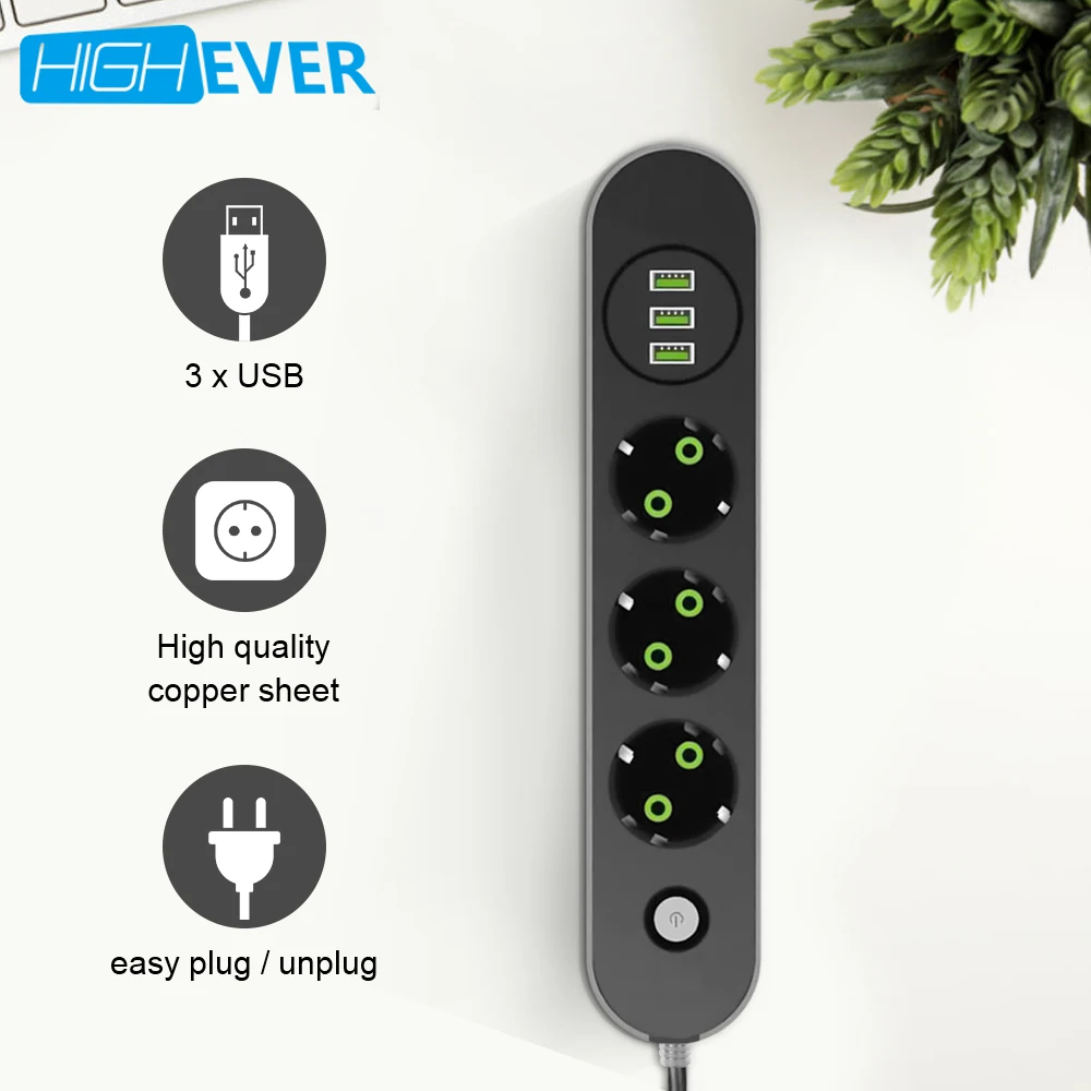 

Highever USB Power Strip Socket EU Plug 3 Outlet 3Port USB Charger 2M/1.4M Power Cord Wall Charger Adapter For home Charging