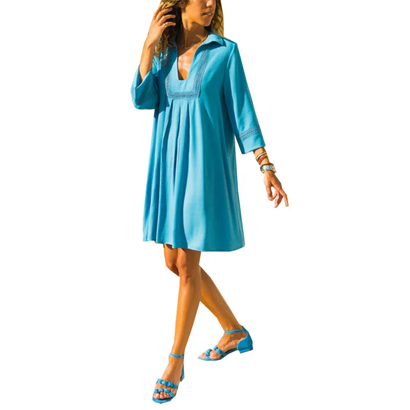 

2018 Autumn New Dress European And American Sexy Lapel Solid Coluor Women Fashion Loose Comfortable Long Sleeve Dress Autumn