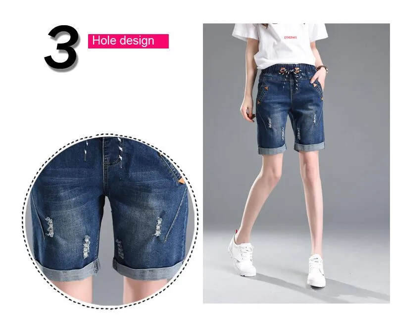 Джинсовые шорты с высокой талией для женщин, корейские женские шорты с эластичной талией с карманами, тонкие, большие размеры, прямые джинсовые шорты стрейч