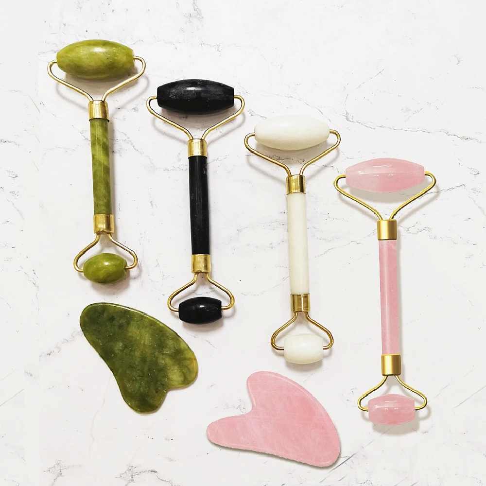 

Double Heads Facial Jade Roller&Gua Sha Scraping Massager Natural Jade Stone Eye Neck Beauty Roller+Free cosmetics Travel Bag