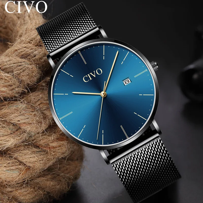 

CIVO Simple Fashion Quartz Men Watches Analogue Blue Face Mesh Strap Wristwatch Day Calendar Ultra Thin Watch Horloges Mannen
