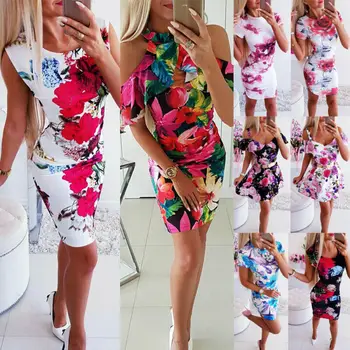

Women Dress Fashion Off Shoulder Floral Print O-Neck Short Sleeve Bodycon Backless Pencil Dress Ladies Summer Beach Sundress New