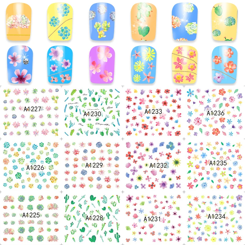 

12 Designs/Sheet Nail Art Water Sticker Cactus/Fresh Flowers Children Decals Polish Gel DIY Beauty A1225-1236