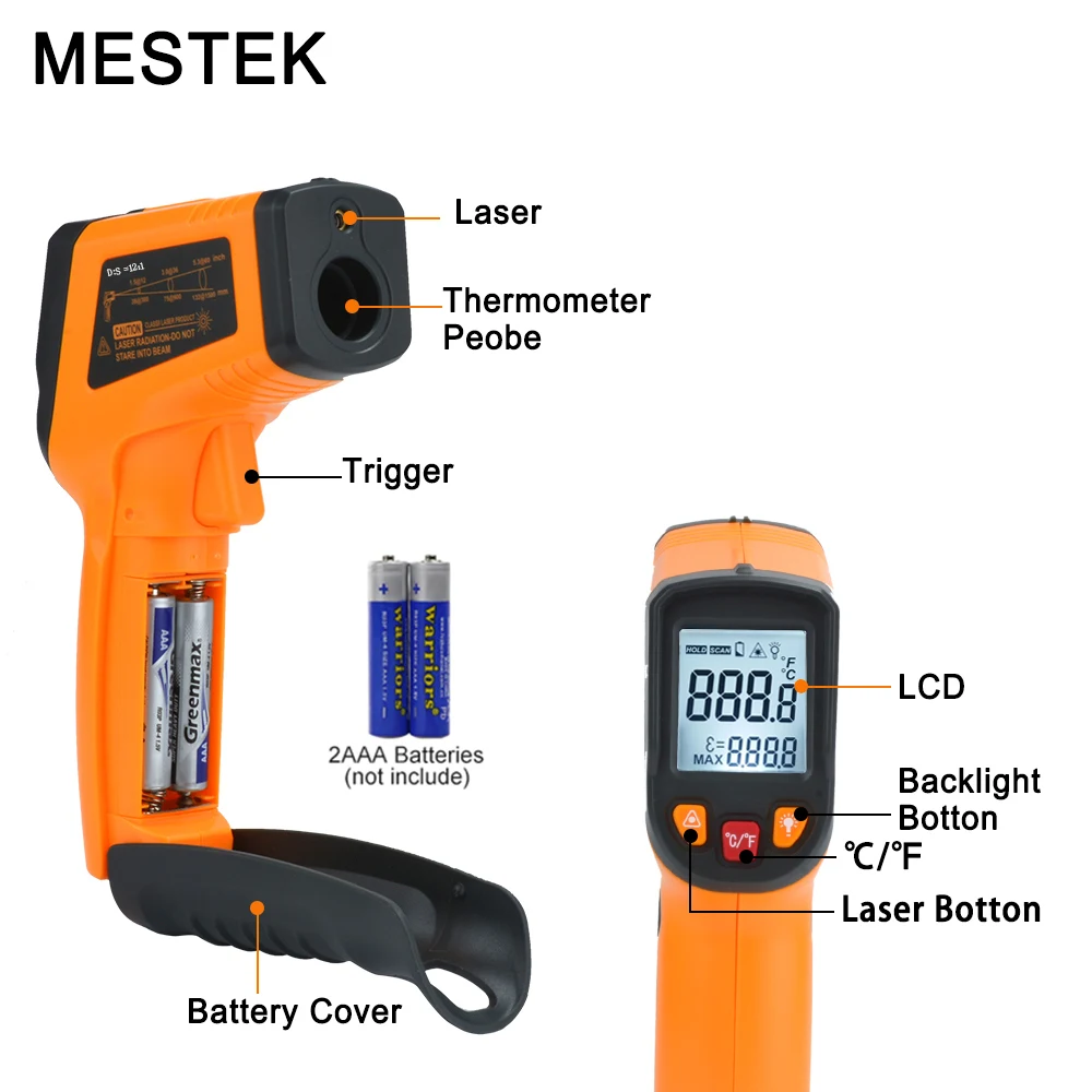 

MT550 Non-Contact Digital Laser Infrared Thermometer LCD Display with C/F Selection IR Temperature Gun for Industry Home