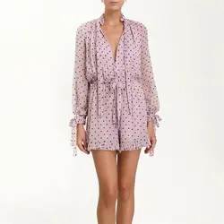 Boho горошек Playsuit плиссированные шифоновые летние Playsuit на шнуровке Женский Игровой костюм Длинные рукава Комбинезоны повседневные