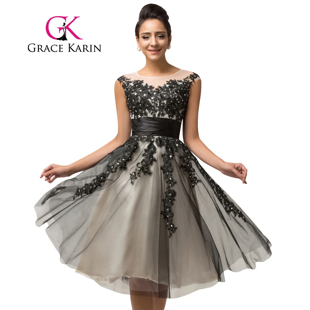 Women Evening Dresses Grace Karin Beading Sequins Vestidos Cap Sleeve Vestido De Renda Black Tulle Lace