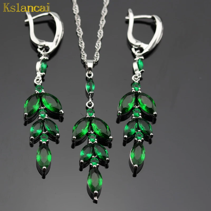 

Lan Romantic Sliver Planted Leaf Shaped Jewelry Sets Green AAA Zircon Necklace&Pendant Earrings For Women Free Shipping