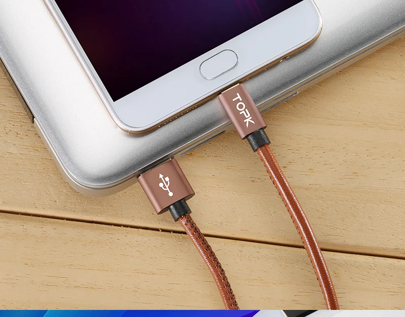 TOPK Micro USB кабель 2.4A быстрое зарядное устройство и кабель для передачи данных кожаный плетеный кабель USB ЗУ для мобильного телефона кабель для samsung htc huawei