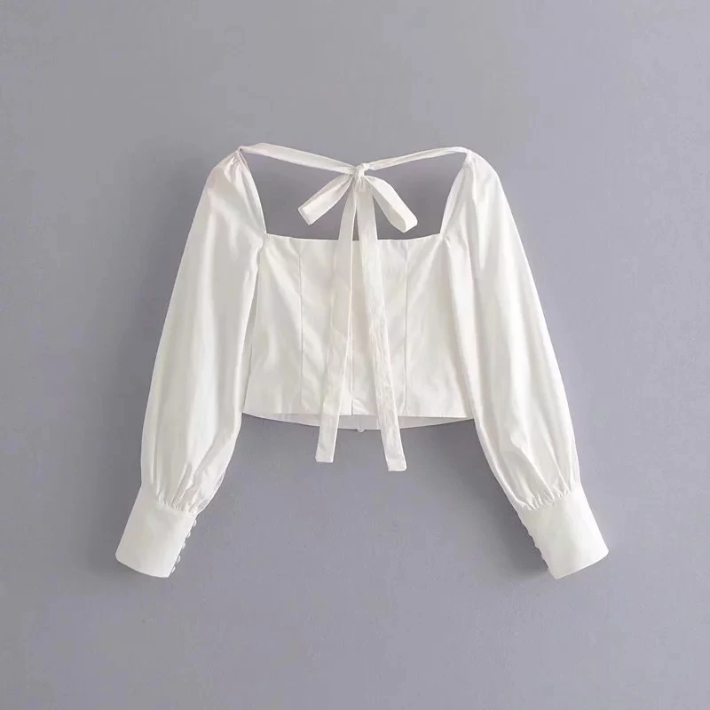 Женская винтажная блуза с квадратным вырезом и рукавом-Бишопом на пуговицах с пышными рукавами