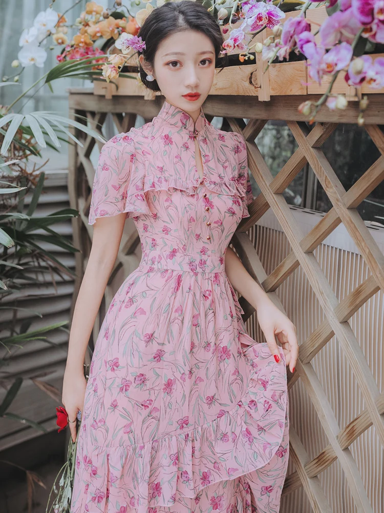 

2019 new fashion women's dresses Summer floral pink dress vintage