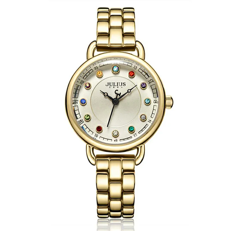 Новые женские часы Япония кварцевые женские часы Изысканная мода 12 цветов хрусталь камень браслет девушки Рождественский подарок Julius коробка - Цвет: Yellow Gold