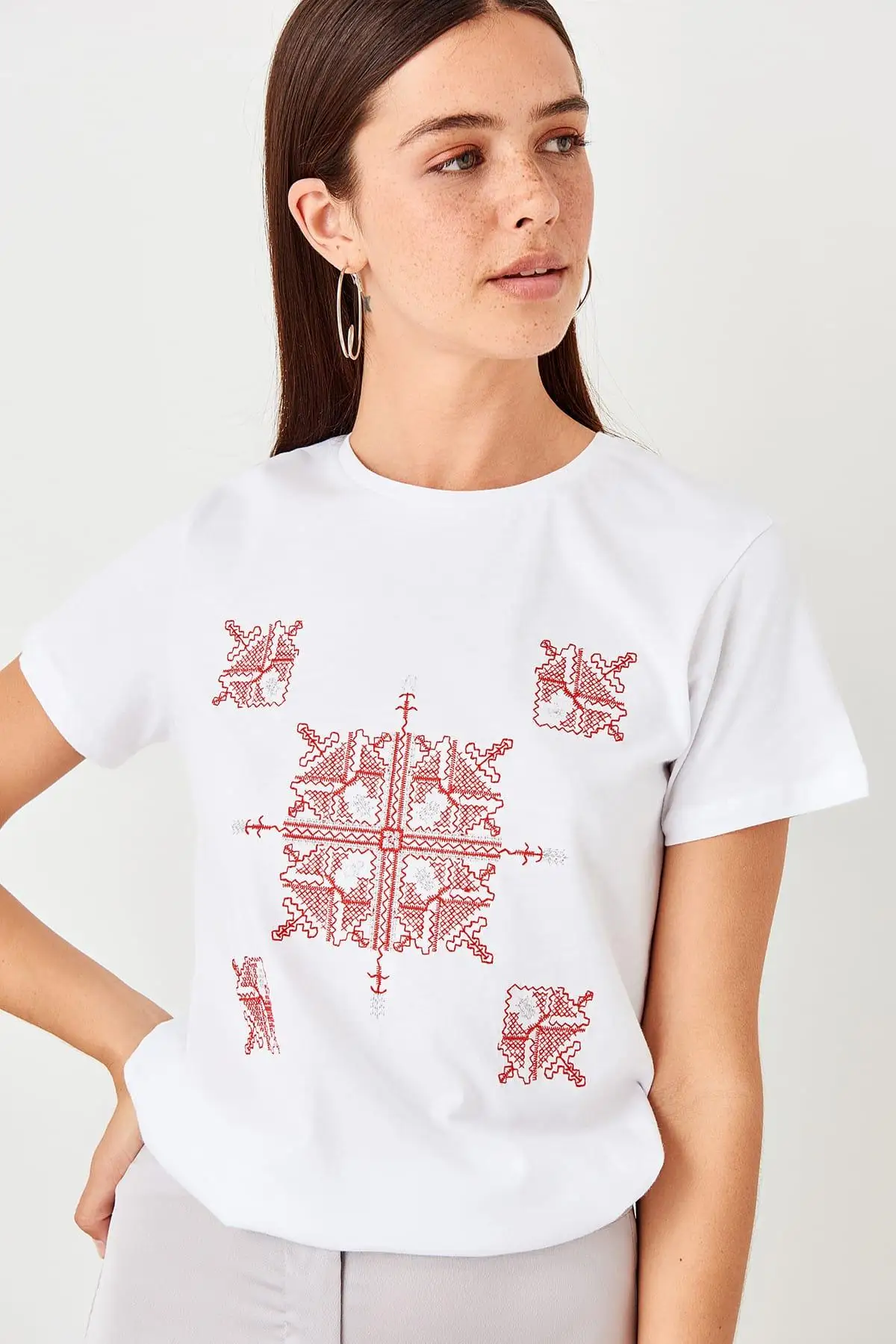

Trendyol White Embroideried Basic Knitted T-Shirts TWOSS19TS0211