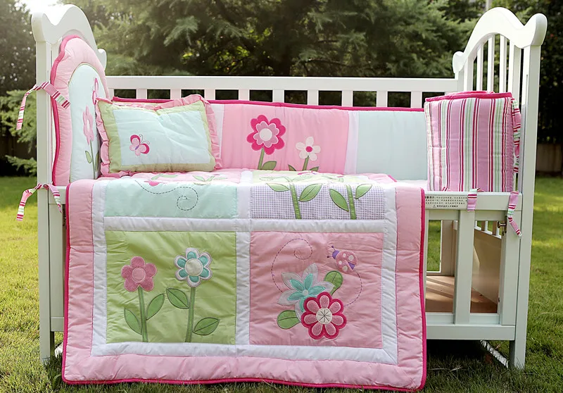 4 Pcs cotton Girl Baby bedding set 3D Embroidery Pink flower butterfly