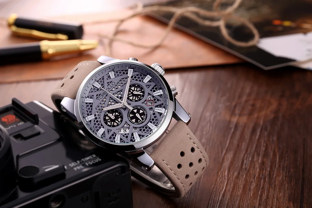 High Quality Original Brand Leather Dress Mens Watch Men Grey Chronograph Clocks Water Resistant