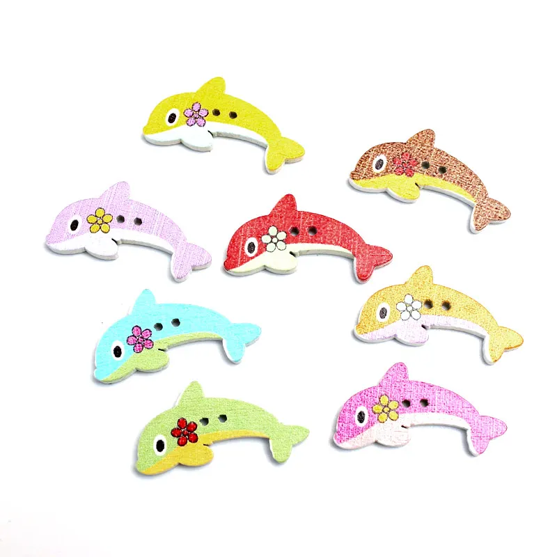 

50pcs Mixed 30x15mm Dolphin Wooden Buttons For Clothes Needlework Scrapbooking Crafts Diy Sewing Accessories Wood Decoration