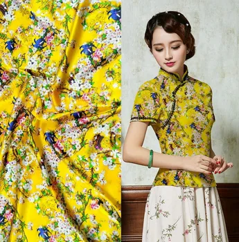 

2019 Stoffen kleding naaien 3d Yellow flowers printed tkaniny stretch natural silk fabric material dress fabric tecidos a metr