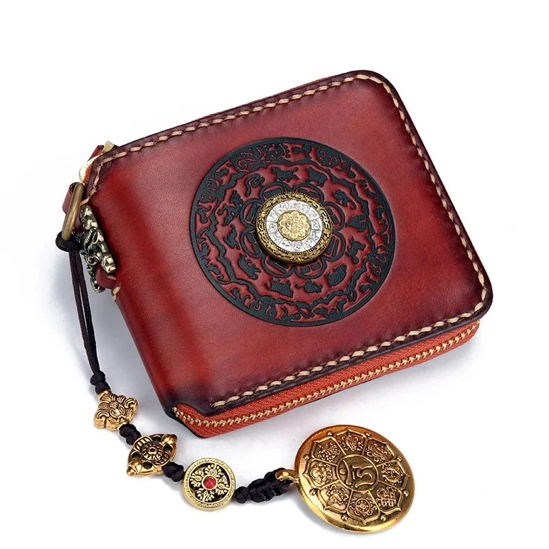 

Tibetian Buddhism Religious Designer Genuine Cow Leather Vintage Men's Short Wallet Zipper Closure Male Small Card Holder Purse