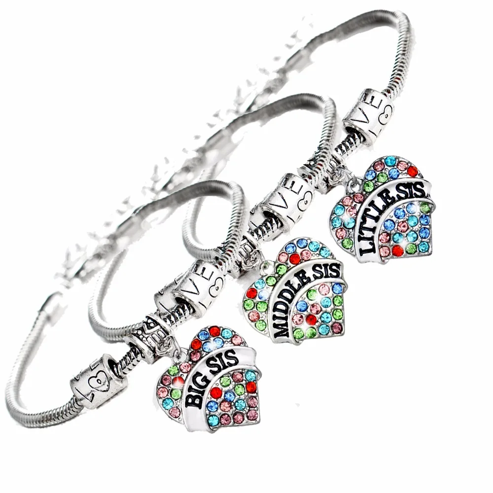 

3Pcs Family Love Beads Little Middle Big Sis Sisters Bracelets Crystal Heart Charms Jewelry Women Girls Friends Chain Bangle New