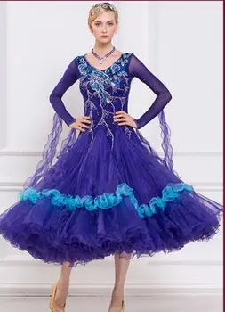 Günstig Anpassen Elegante Blau Puff Langarm Fuchs Trot Walzer Tango Strass Standard Ballroom Dance Kleid