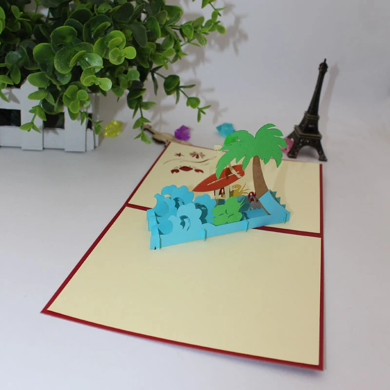  3D Laser Cut Handmade Red Cover Seashore Surfing Boy Girl Paper Invitation Greeting Cards PostCard  - 32889373666