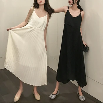 

Vestidos missdomi Korean dress Sexy sling halter sleeveless mid-length pleated dress for women