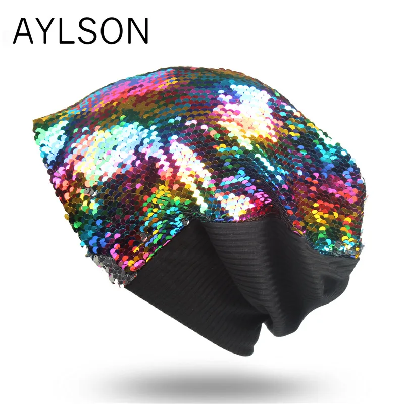 

2019 autumn and winter knitted cotton men's hat warm caps sequins hats shiny can change color fashion hip hop clothing beanies