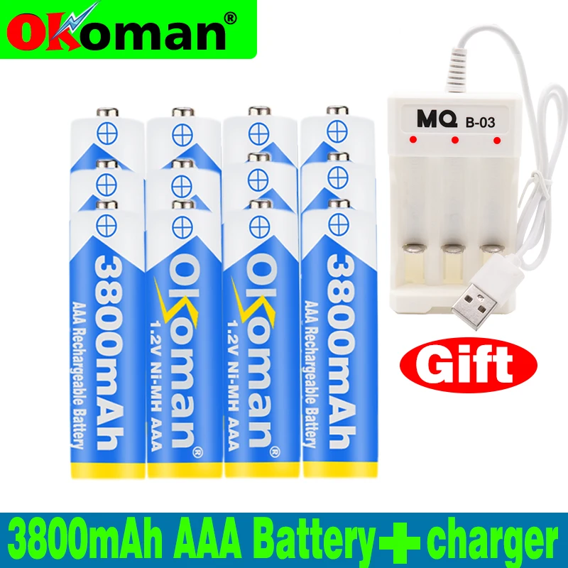 

High quality 1.2V 3800mAh NI-MH AAA Pre-Charged Ni-MH Rechargeable aaa Battery For Toys Camera Microphone Batteries + Charger