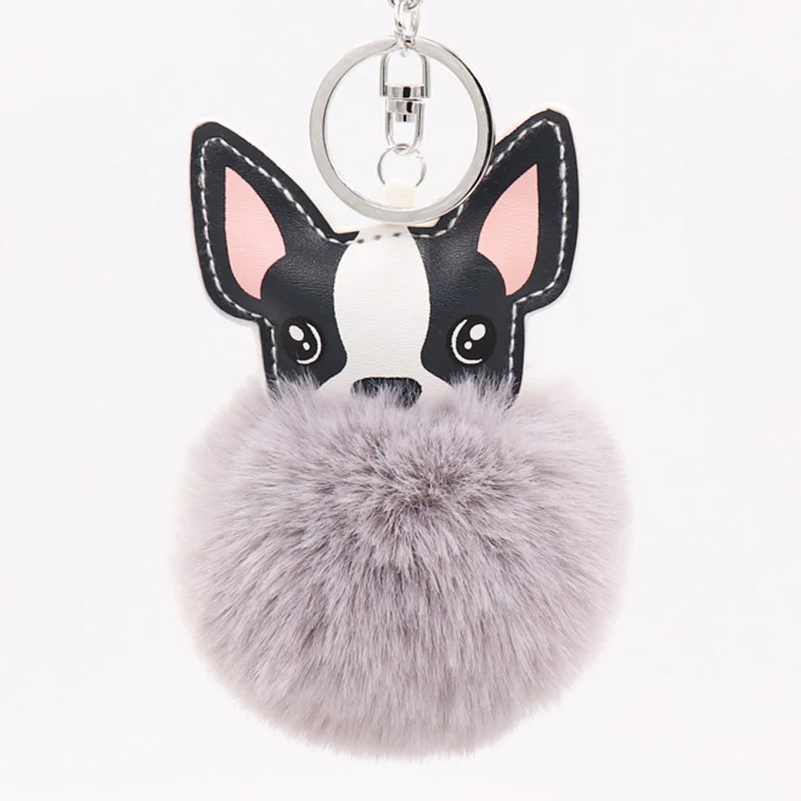 Fluffy Rabbit Fur Ball French Bulldog Keychain Pompom Key Chain Pu Leather Animal Dog Keyring Holder Bag Charm Trinket Chaveiros