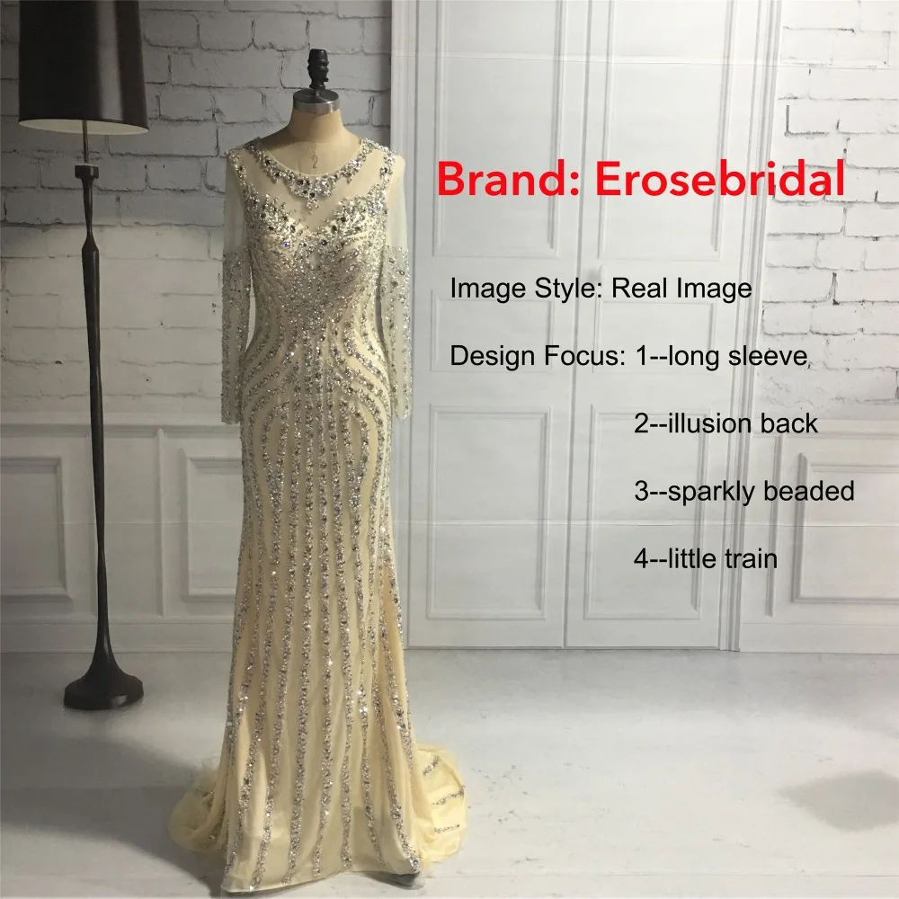 Erosebridal Русалка с длинным рукавом вечернее платье длинное сверкающие бусины с блестками официальная Женская одежда с коротким шлейфом серый цвет шампанского
