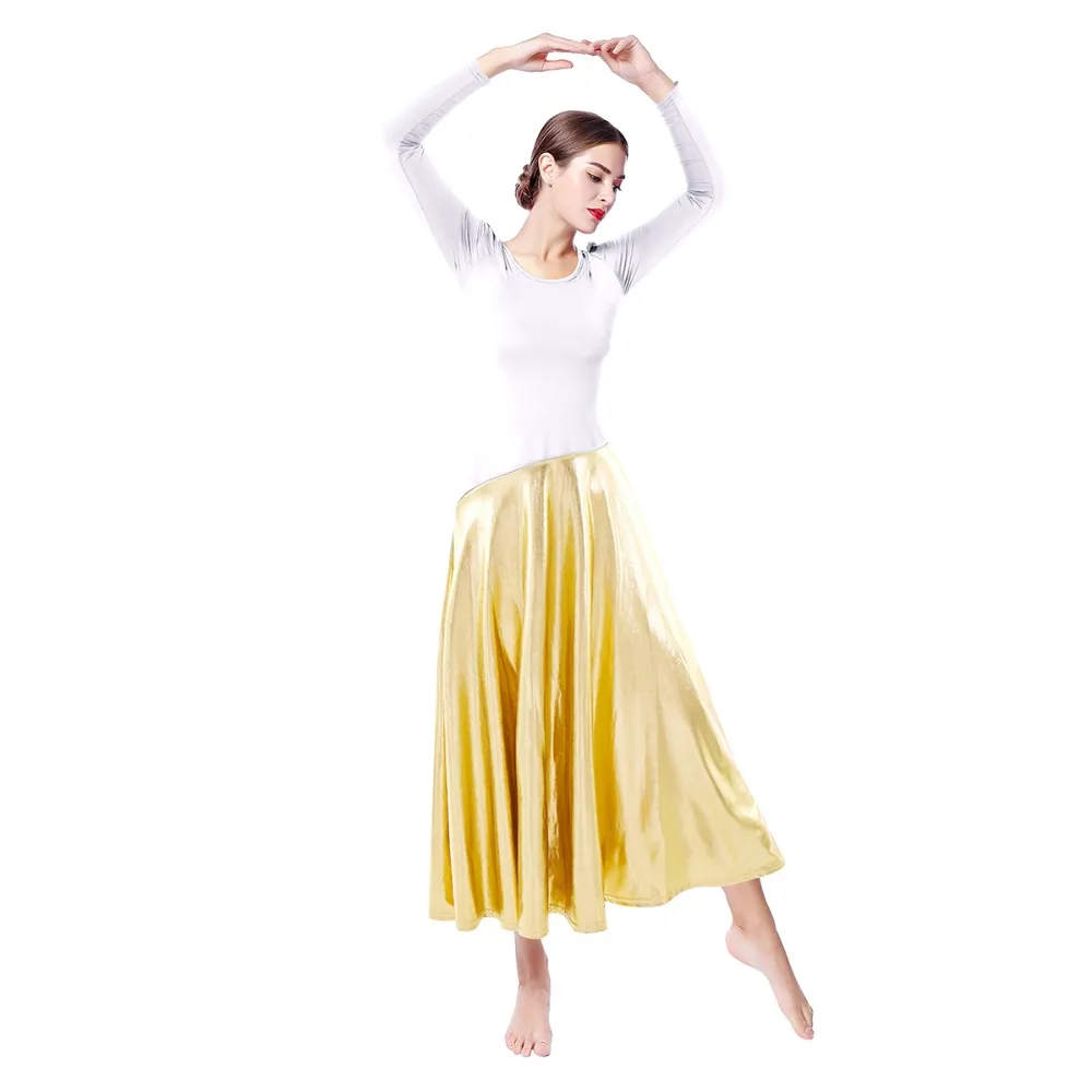 

2019 Elegant Women Adult Liturgical Dance Dress High Waist Pleated Swing Metallic Long Dress Loose Fit Praise Dress Dancing Wear