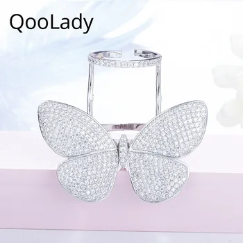 

QooLady Bridal Luxury Micro Paved CZ Stone Beautiful Big Movable Butterfly Rings for Women Wedding Engagement Party Jewelry F006