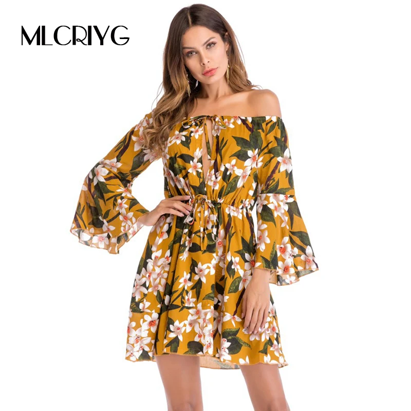 MLCRIYG Fashion Ladies Trumpet Sleeve Printing font b Dress b font 2018 Spring font b Floral