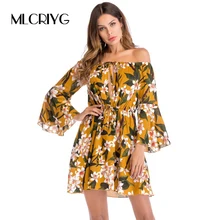 MLCRIYG Fashion Ladies Trumpet Sleeve Printing Dress 2018 Spring Floral Print Sexy Off Shoulder Mini Dress with Waist belt