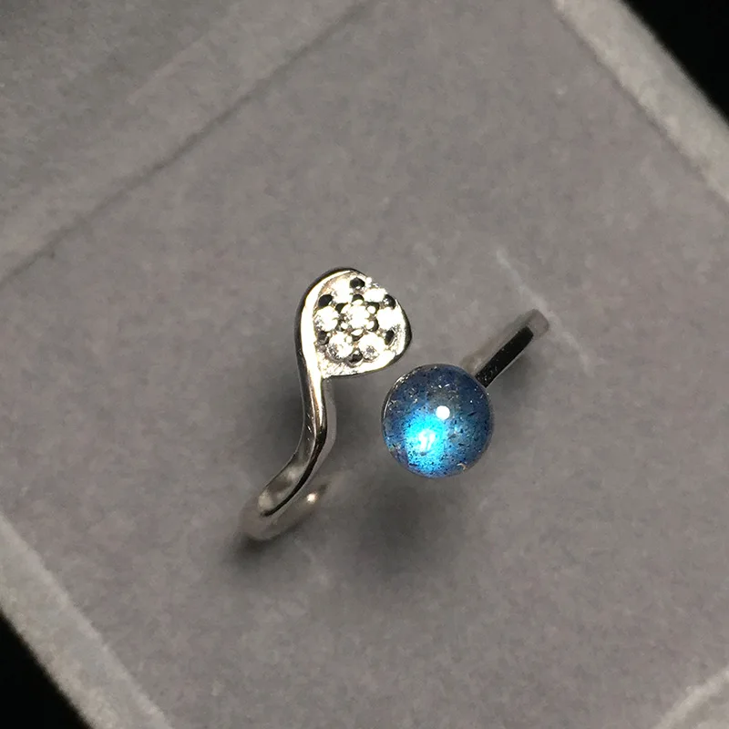 

100% Real Natural Rainbow Moonstone 925 Sterling Silver Ring Women S925 Pure Silver Blue Light Previous Stone Female Open Ring