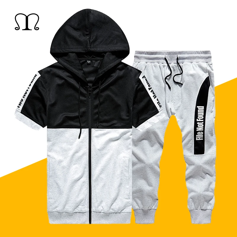 

Mens Short Sleeve Hoodies Summer Fashion 2PC Hoodie+Shorts Tracksuit Patchwork Hooded Sweatshirt Hip Hop Streetwear Male Moletom