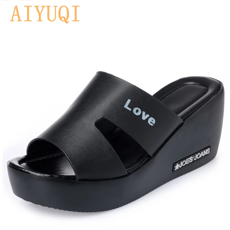 

AIYUQI 2019 summer women's shoes, on a high platform outdoor leather wedges woman flip flops. heel high slippers big size 42 43