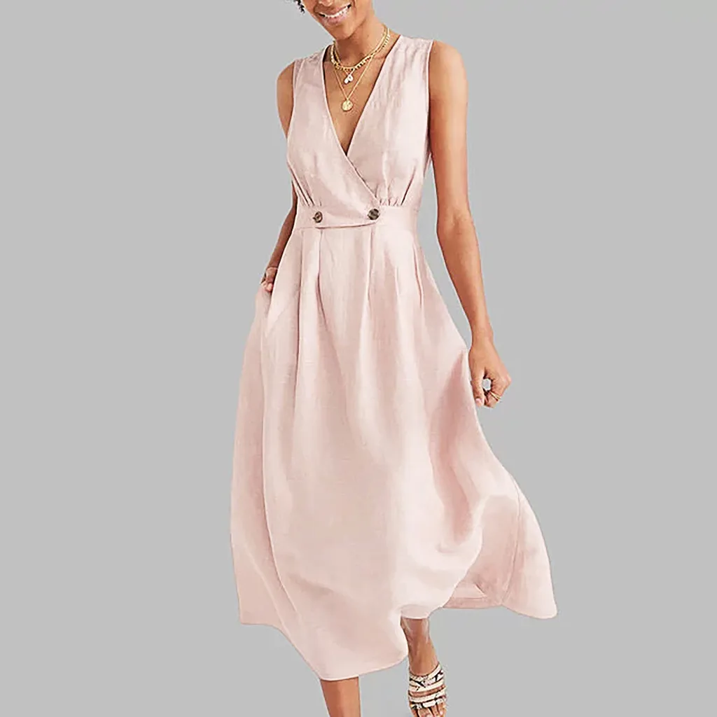 

Women Dress Summer Sexy V-Neck Pure Color Sleeveless Party Long Dress Easy Sandy Sundress Elegant Maxi Dress Vestidos Plus Size