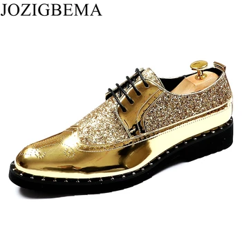 

JOZIGBEMA New Fashion Casual Mens Dress Shoes Gold Patent leatherr Lace-up Italian Stylist Flat Formal Oxfords Wedding shoe