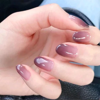 

24pcs Girls Summer Holiday Gradient Purple Fake Nail Sweet Candy Color Round Head Nail Art Tips with Glue Women Smooth Fake Nail